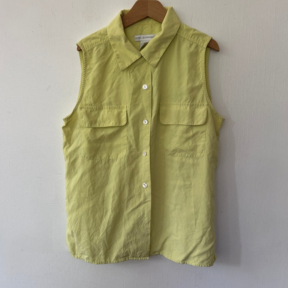 Annie Alexander Silk Blouse Women M Yellow Sleeveless Pocket Utility Retro Luxe